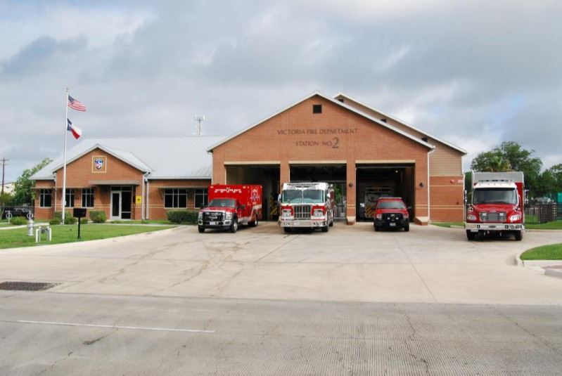 Victoria Fire Department Station 2, with four emergency services vehicles parked outside