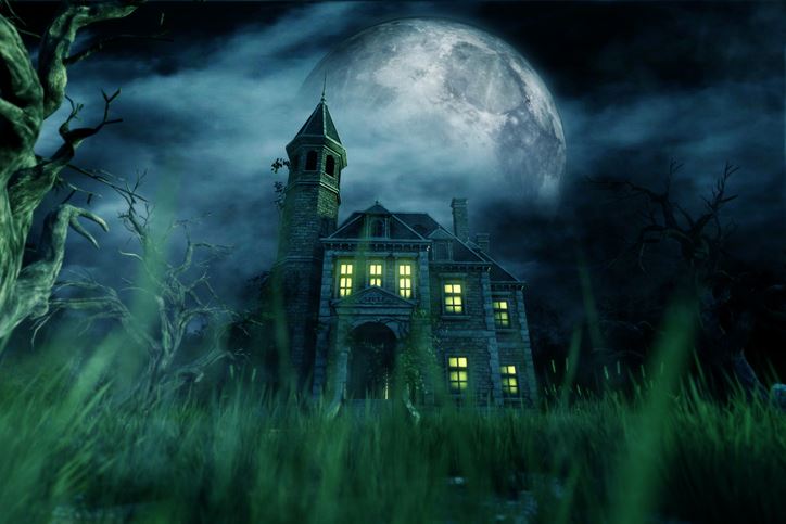Illustration of a creepy mansion under a full moon
