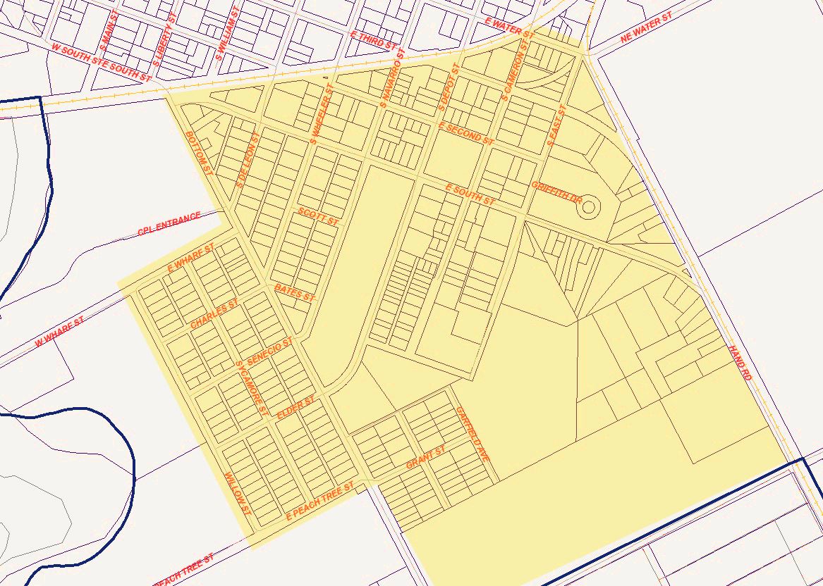 A map of the F.W. Gross neighborhood, bounded by railroad tracks to the north and northeast.