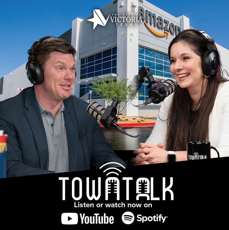 TownTalk promo image featuring Jonas Titas, Ashley Strevel and an Amazon building in the background