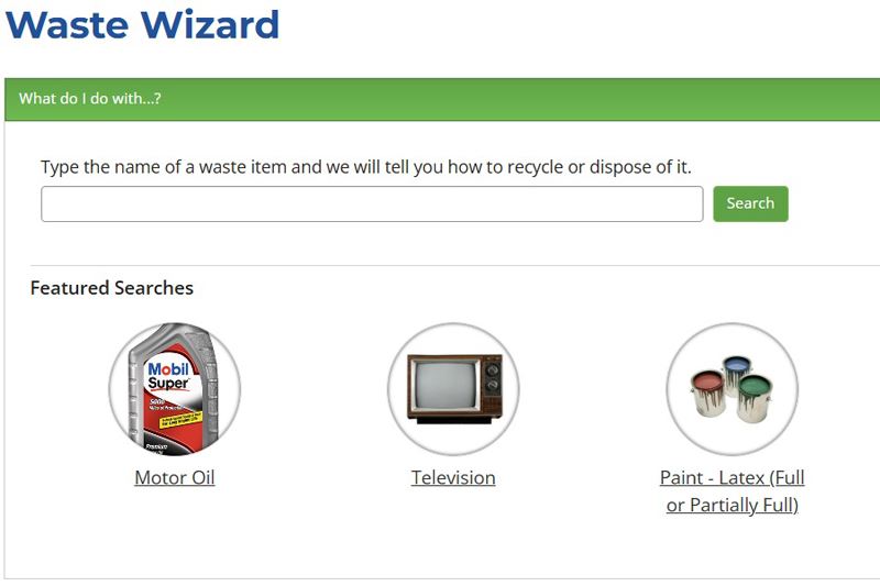 Screenshot of online Waste Wizard with a search bar and a list of items. Motor oil, TVs and paint