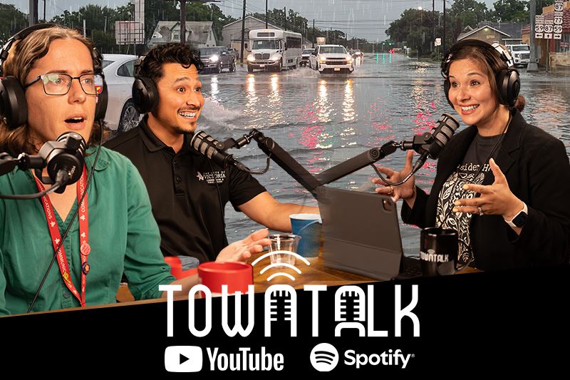 Sam, AJ and Ashley talking with image of flooded street in the background.