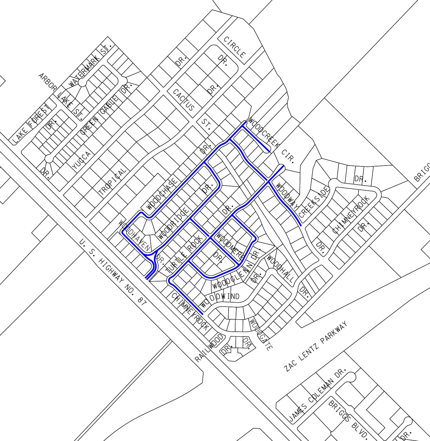 Construction area in Woodway Subdivision bounded by Woodhaven, Woodchase, Woodcreek, Woodglen