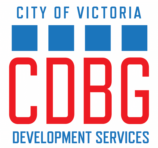 Blue City of Victoria wording, Blue Blocks, Red CDBG letters, Blue Development Services wording