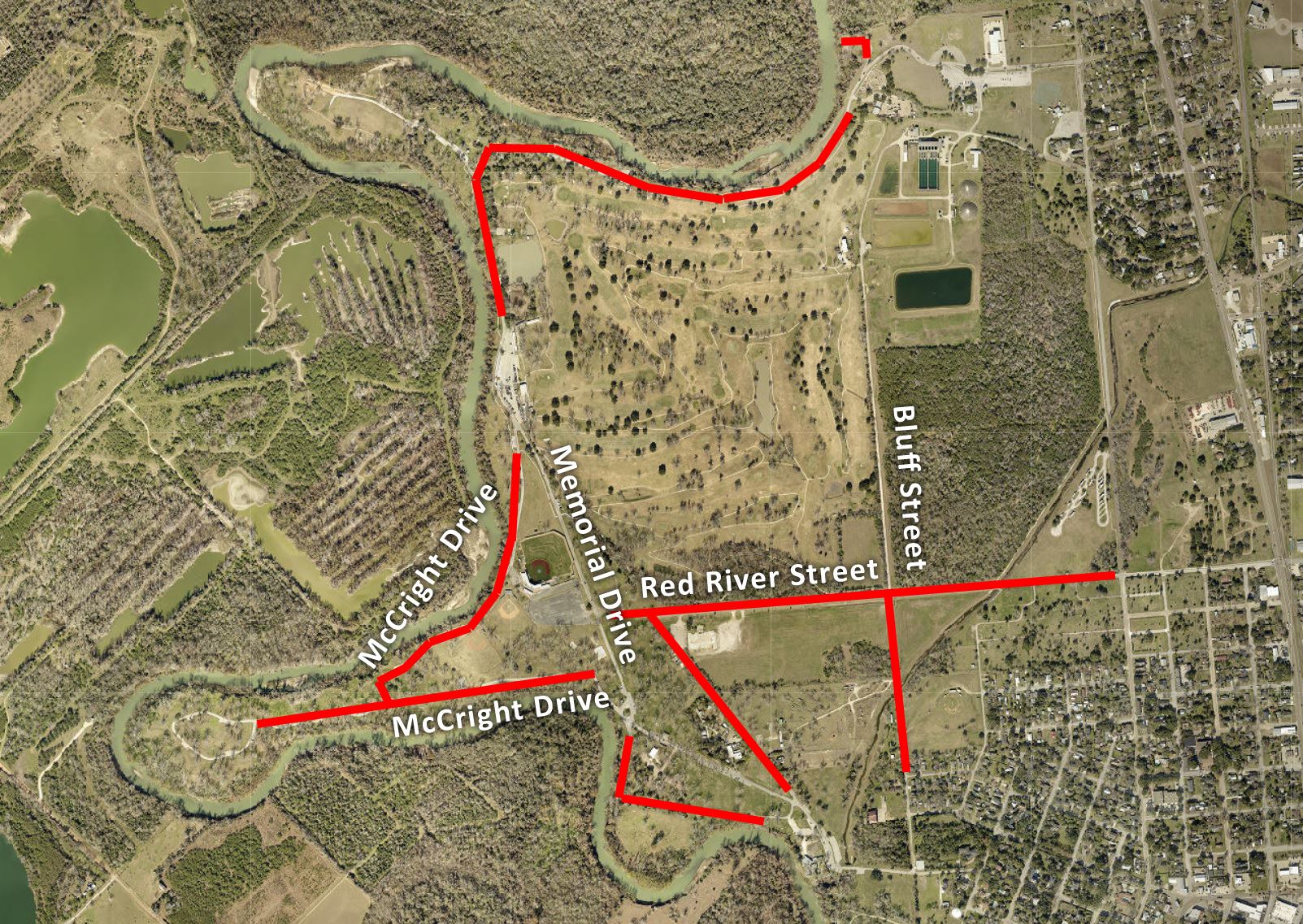 Map showing most of Riverside Park closed except a path leading up from Stayton to the golf course
